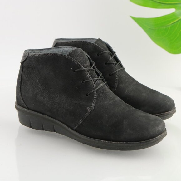 Dansko Womens Joy Boots Size 38 7  Black Nubuck Lace Up Low Wedge Casual Booties - Picture 1 of 12